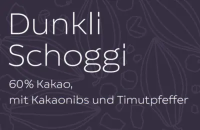 Dunkli SAM Schoggi mit Kakaonibs und Timutpfeffer, Schweizer Schokolade Bio Fair Sozial Cradle2Cradle Bean2Bar